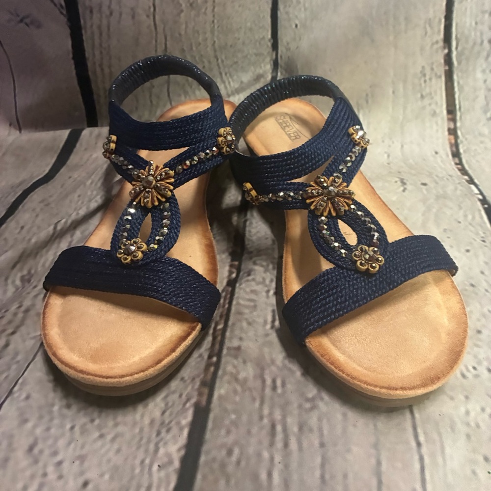 SHIBEVER Glitter Sandals‎ WMS 40 Rhinestone Casual Open Toe Wedge Slingback Blue - Picture 7 of 10